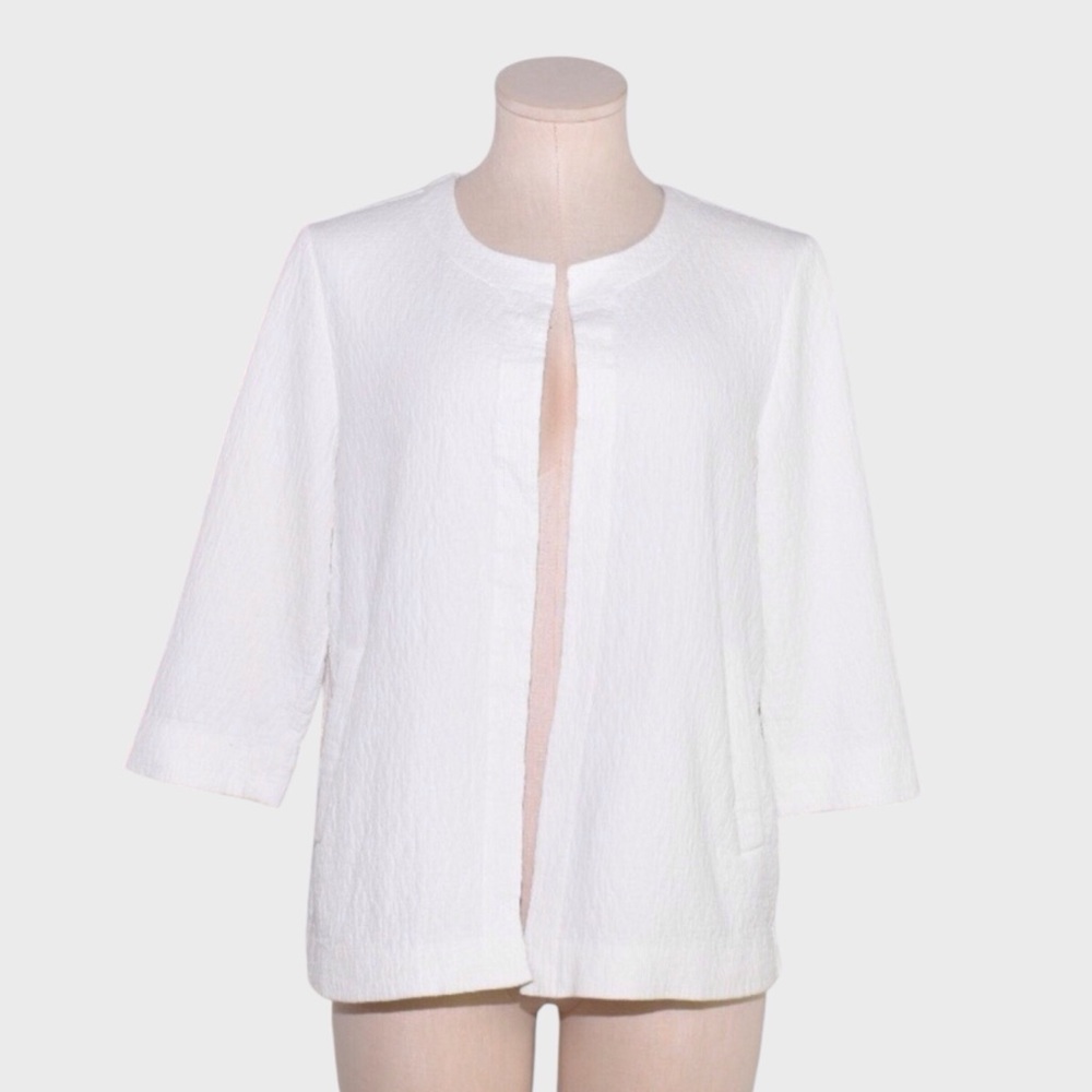 Eileen Fisher White Textured Cotton Open Cardigan Jacket